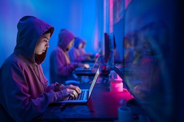 Anonymous Hackers Working on Laptops in a Dark Room