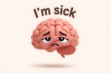 Sad 3D brain character crying with "I'm sick" text, mental health and depression concept