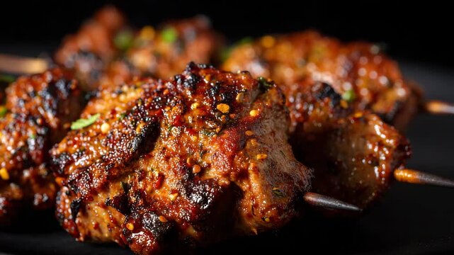 55Close-up of skewers with perfectly roasted meat pieces, visible spice crust, char speckles, and glistening fat, framed dramatically by an obsidian-black background.