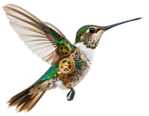Obraz premium Mechanical hummingbird flight with robotic wings futuristic avian motion technology inspiration engineering illustration isolated on white background