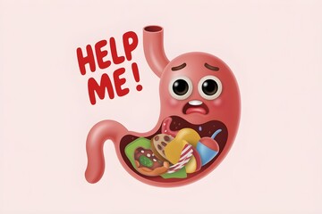 Digestive system health awareness 3D character suffering from junk food and calories