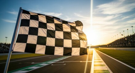 Fototapeta premium Chequered flag waving at race track finish line against sunset. Winning symbol of racing competition. Auto sport victory and championship moment. Race car rally finish.