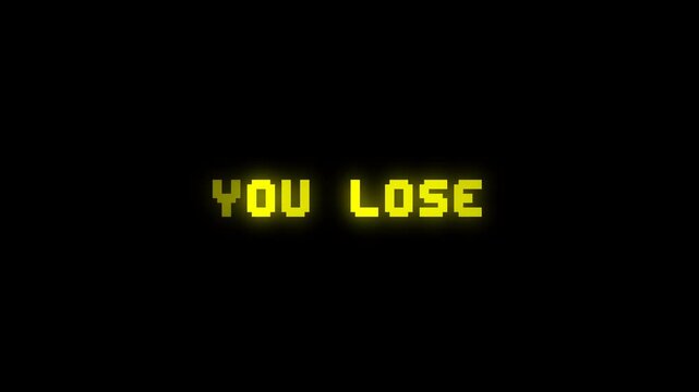 You Lose Text Animation with Yellow Glow on Black Background, Retro Arcade Defeat Screen