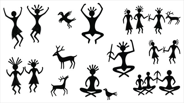 Set of Primitive Ancient Cave Painting Vector Illustrations: Tribal Human Figures, Shamanic Dancers, Deer, and Birds in Black Silhouette Style for Design and Historical Projects
