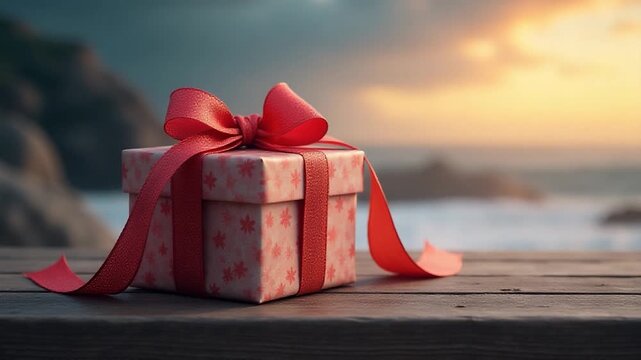 Video A gift box tied with a red ribbon sitting on a wooden table, ready to be opened