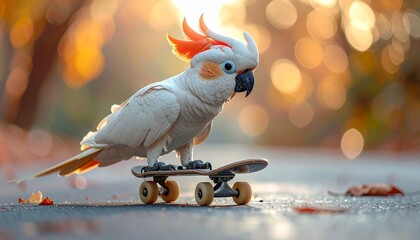 Naklejka premium Multicolored parrot standing on skateboard on paved road with lush trees and sunlit tropical sky.
