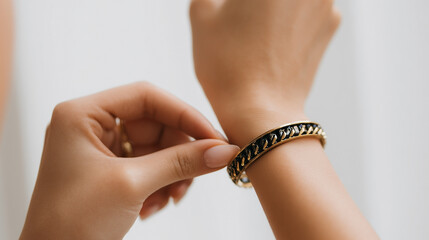 A woman is wearing a gold and black bracelet