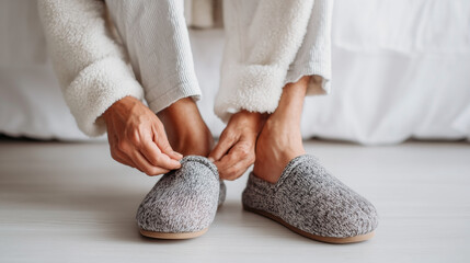 A person is sitting on a bed and putting on slippers