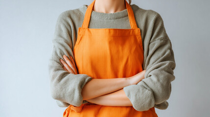 A woman wearing an orange apron and a gray sweater