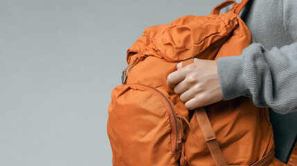 A woman is holding a backpack with a ring on her finger