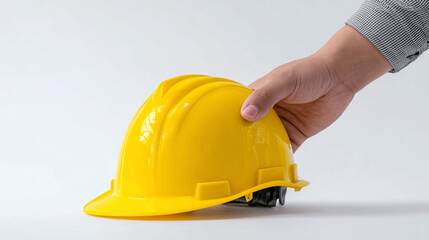 A person is holding a yellow hard hat
