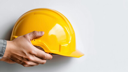 A person is holding a yellow hard hat