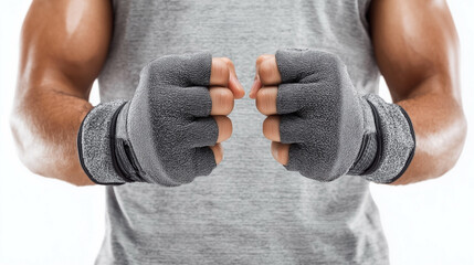 A man wearing a grey shirt and grey gloves
