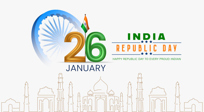 India Republic Day 26 January Design with Ashoka Chakra, Indian Flag Colors and Indian Famous Monument Line Art
