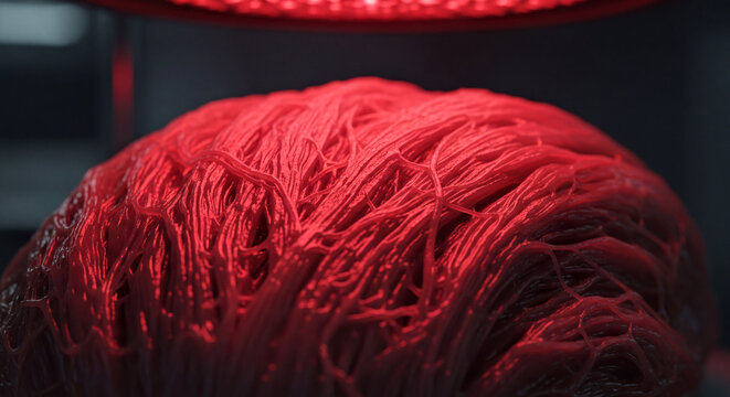 A close-up, dramatic shot of dense red fibers or yarn glowing under a bright red studio light, creating an abstract organic texture - Powered by Adobe