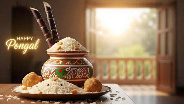 Happy Pongal Festive Background with Traditional Painted Pot Overflowing with Sweet Rice and Sugarcane