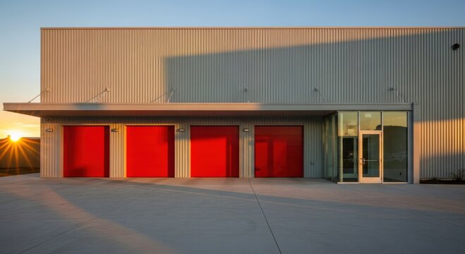 Exterior of modern warehouse with small office unit. Metal industrial building with red doors and loading docks. Commercial distribution storage facility with metal facade. Blue sky background.