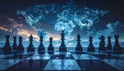 Chess Pieces on a Board with World Map Background.