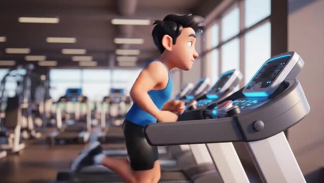 Animated 3D character running on a treadmill in a modern gym for fitness and exercise
