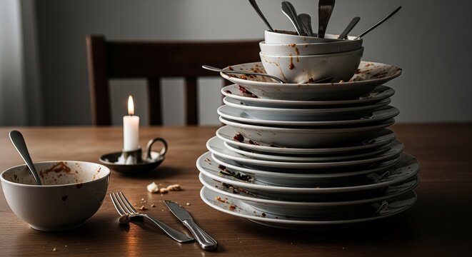 A tall stack of dirty white plates and bowls on a wooden dining table after a meal, with a candle and cutlery in the background - Powered by Adobe