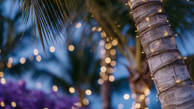 109Close-up view of palm bark wrapped in string lights, warm illumination contrasting with purple-blue twilight, evoking exotic nighttime holiday ambiance