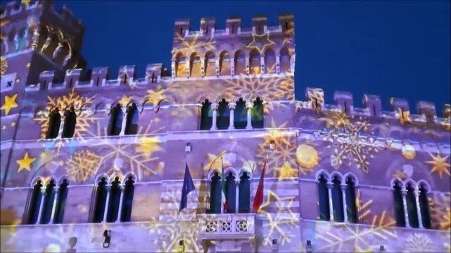 ITALY, Grosseto.Lights in Cathedral square, during the Christmas period, here there are  some of the most important buildings in the city are located.
