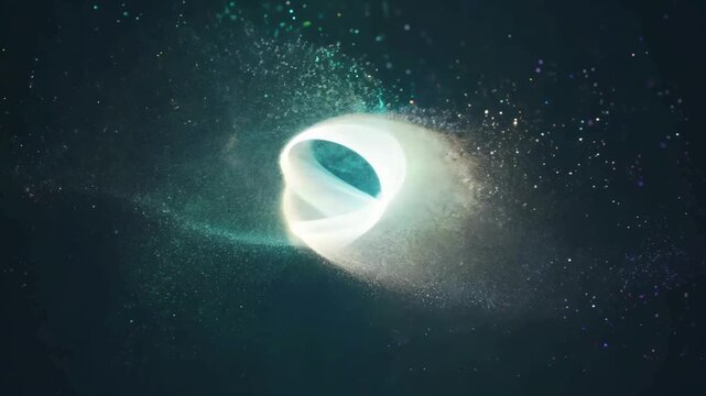 Green and purple particle streams colliding to form a glowing energy ring on dark background.