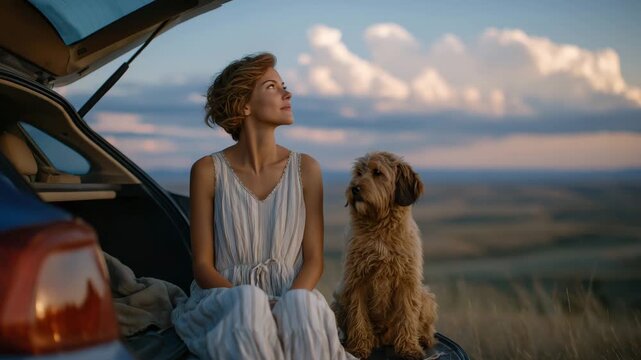 113Cinematic wide shot, the woman stretching peacefully in the open trunk as her dog relaxes beside her, vast sky and open countryside behind them, capturing the essence of mindful tr