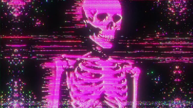 4K Glitch skeleton performance animation, neon cyber distortion overlay, humanoid figure interference, abstract performance visual layer for music video and concert stage screens
