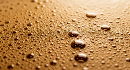 Numerous clear water droplets on a warm, golden-brown textured surface with shallow depth of field and soft lighting