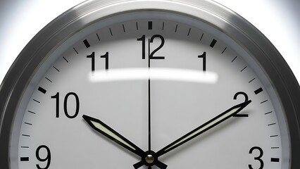 Close-up of a modern analog clock face showing the current time with sharp hands and clear numbers on a white background