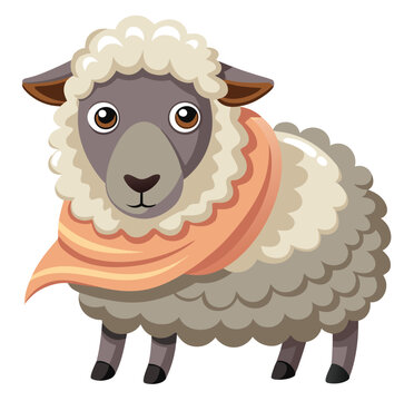 A charming and fluffy cartoon illustration of a gentle sheep wearing a cozy, salmon-colored scarf, standing proudly on a white background, perfect for children's books or farm-themed designs