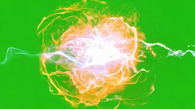 Glowing orange magic fireball with electrical energy tendrils spinning on green screen chroma key.