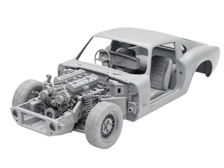 gray car model with exposed engine and interior  detailed view