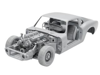 gray car model with exposed engine and interior  detailed view