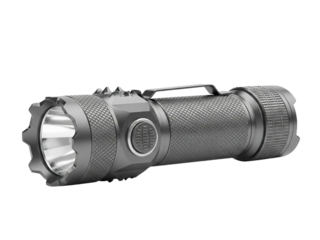 Gray metal flashlight with textured grip and handle