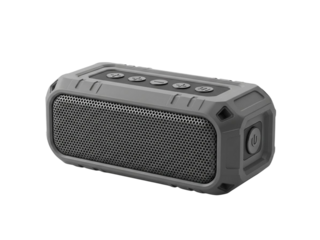 Gray waterproof portable Bluetooth speaker with buttons and mesh grille
