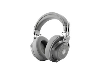 Gray wireless headphones with metal accents and logo on ear cup  modern audio equipment