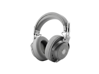 Gray wireless headphones with metal accents and logo on ear cup  modern audio equipment