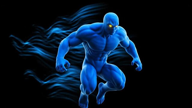 Blue Superhuman Speed Runner on Black Background with Energy Trails