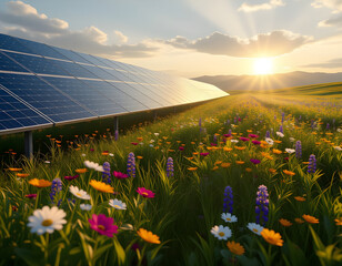 Solar panels are positioned in a colorful flower field at sunset, highlighting the blend of technology and nature's beauty