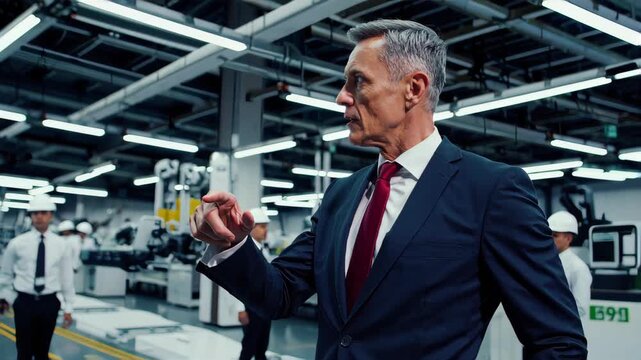 executive leader wearing safety helmet in modern factory, industrial background, professional managers observing production, cinematic lighting, sharp focus