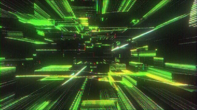 4K Data block tunnel loop animation, digital matrix signal flow overlay, streaming information distortion, cyber system interface visual effect layer