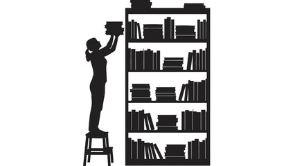 Woman reaching for book on high shelf while standing on stool