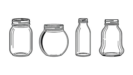 Four empty glass bottles and jars for storage or packaging needs