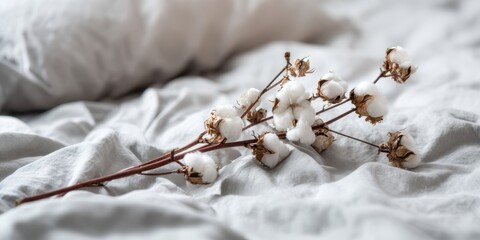 The cotton branch resting on soft rumpled white linen sheets in natural light