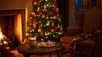 Classic Christmas: Tree, Cozy Armchair, and Gingerbread Cookies.