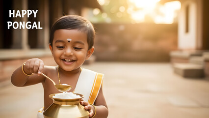 Happy Pongal Banner with Cute Indian Toddler Eating Traditional Sweet Rice from Brass Pot