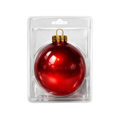 Glossy Red Christmas Bauble in Clear Plastic Blister Packaging Mockup - Front View Isolated