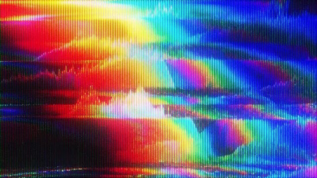 4K CRT RGB glitch screen animation, analog signal distortion overlay, chromatic noise interference, abstract display artifact visual effect layer